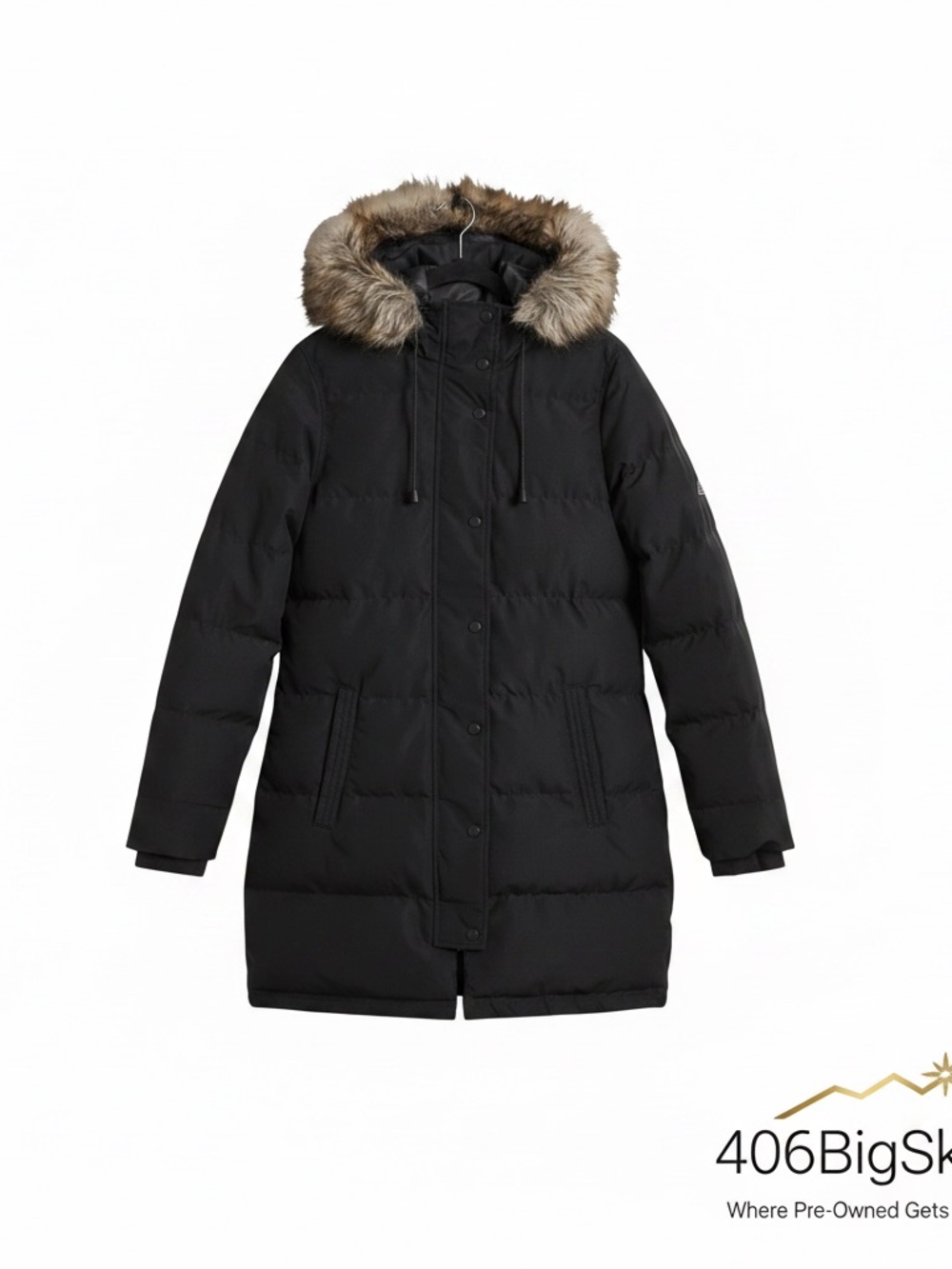 Eastern Mountain Sports Black Long Puffer Coat with Faux Fur Trimmed Hood